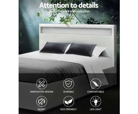 LED Leather Bed Frame Gas Lift Base With Storage - White