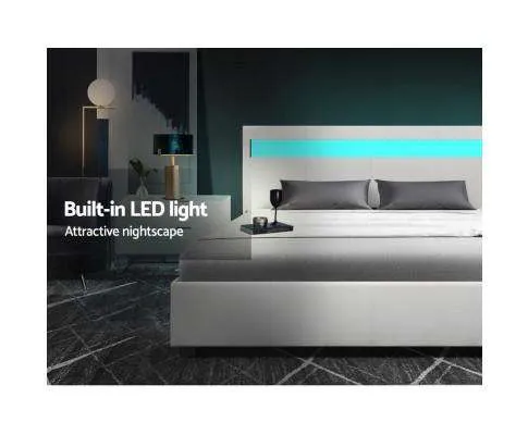 LED Leather Bed Frame Gas Lift Base With Storage - White