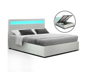LED Leather Bed Frame Gas Lift Base With Storage - White