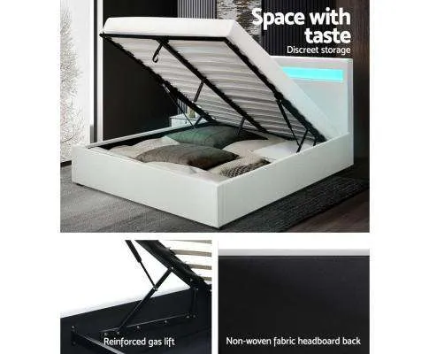 LED Leather Bed Frame Gas Lift Base With Storage - White