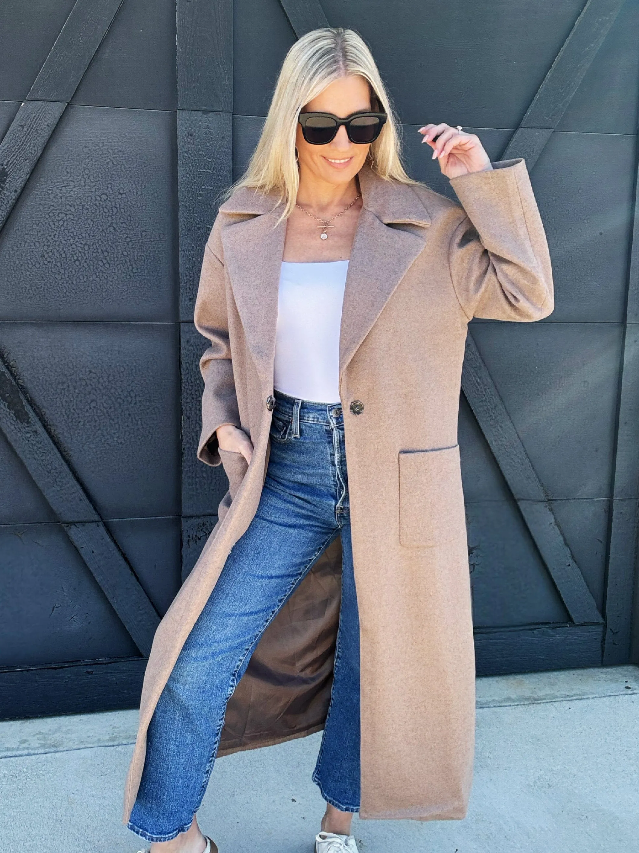 Longline Button Closure Coat In Mocha
