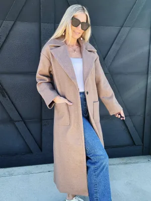 Longline Button Closure Coat In Mocha