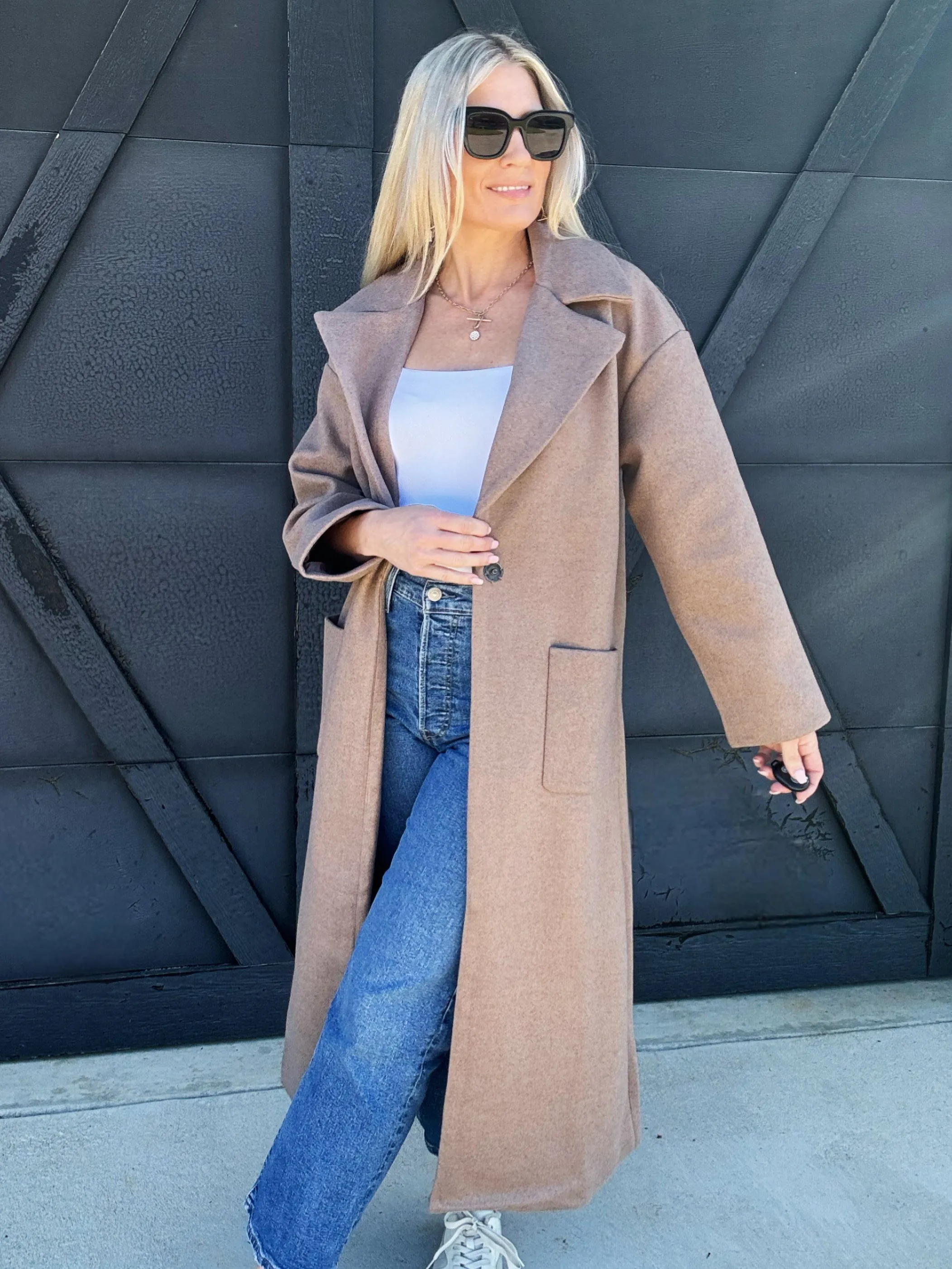 Longline Button Closure Coat In Mocha