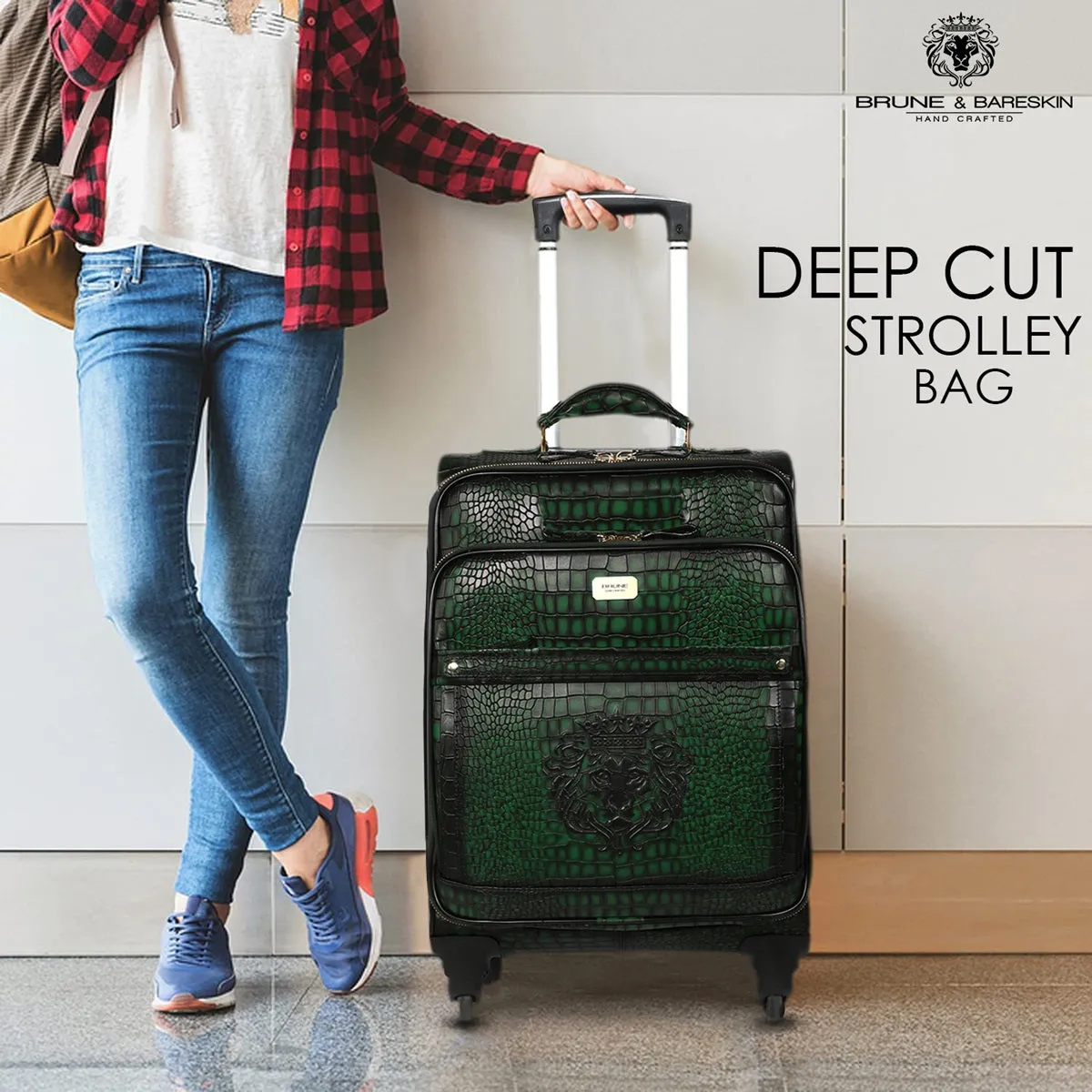 Luggage Trolley Bag In Croco Textured Smokey Green Leather