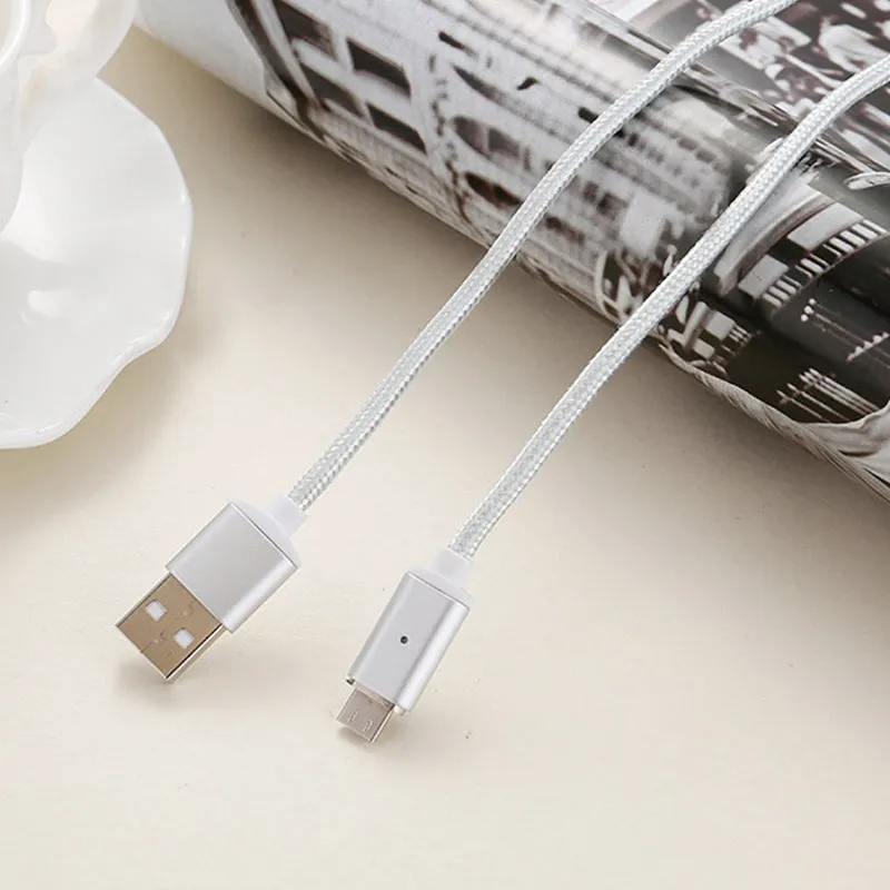 Magnetic Cable 2.4A Micro USB Data Charger 1M Nylon Metal Fast Charging Magnet Cable For HTC Samsung Xiaomi Android Mobile Phone Silver