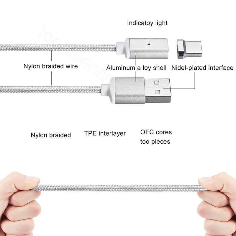 Magnetic Cable 2.4A USB Type C Data Charger 1M Nylon Metal Fast Charging Magnet Cable For Samsung Xiaomi Huawei Android Mobile Phone Black