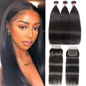 Malaysian Straight Bundles With 4×4 Closure 10A Grade 100% Human Remy Hair MYLOCKME