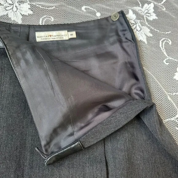 Marisa Miniccuci Grey Wool Faux Wrap Leather Waistband Mini Skirt Sz 8