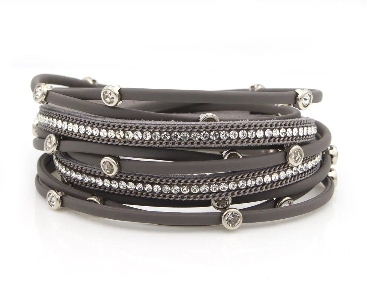 Matte Gray Bezel Rhinestone Double Wrap Bracelet
