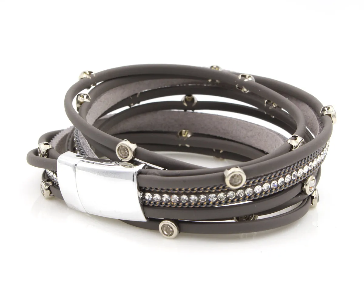 Matte Gray Bezel Rhinestone Double Wrap Bracelet