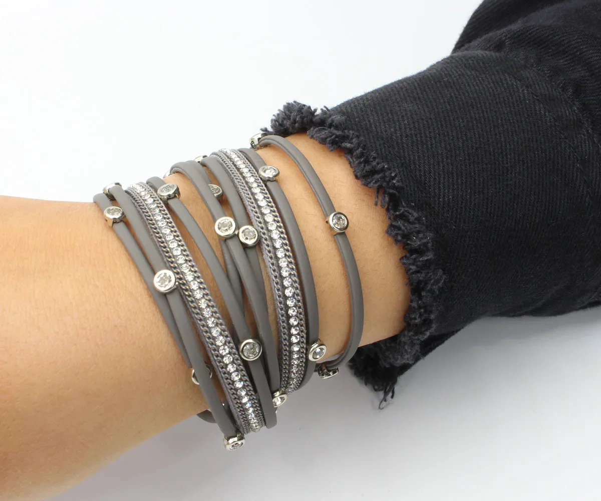 Matte Gray Bezel Rhinestone Double Wrap Bracelet