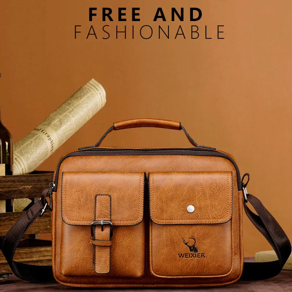 Men Shoulder Portable Leather Handbag Business Briefcase Multi Pockets Crossbody Bag Sling Bag