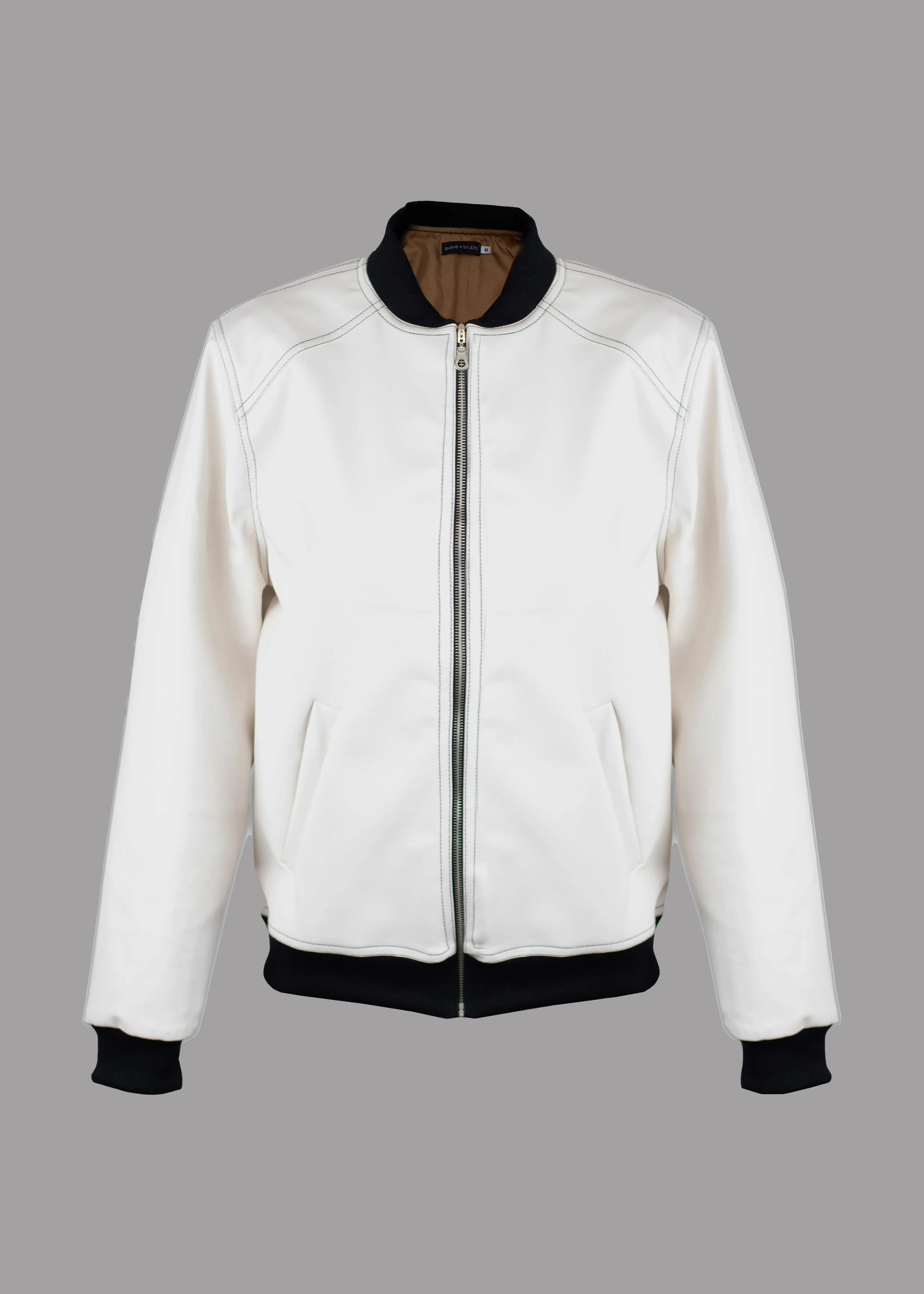 Men white/ecru leather bomber jacket