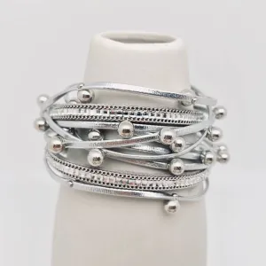 Metal Beads Pearl Multi-Layer PU Leather Bracelet: Silver   Metal Beads
