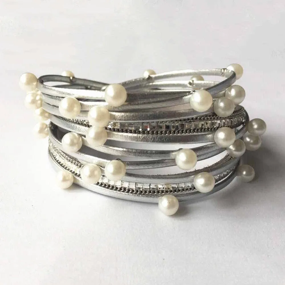 Metal Beads Pearl Multi-Layer PU Leather Bracelet: Silver   Metal Beads