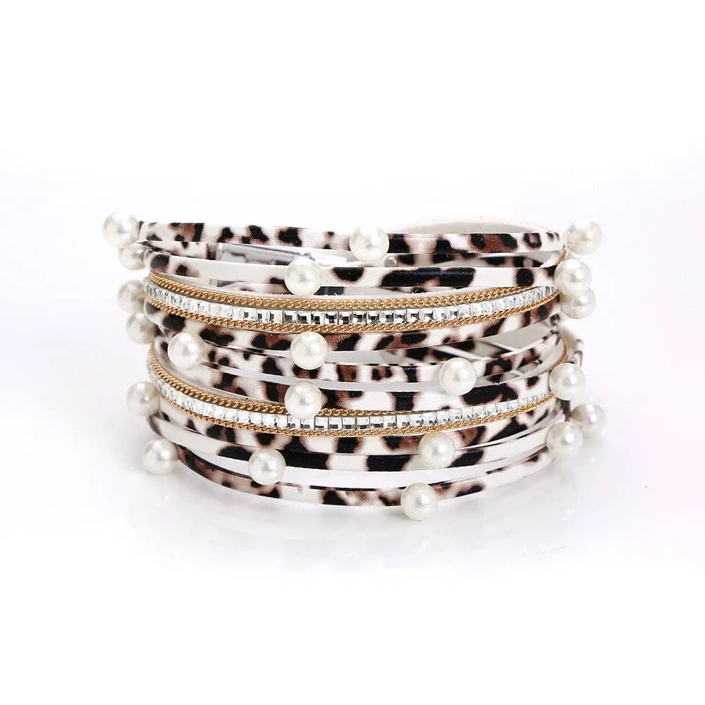 Metal Beads Pearl Multi-Layer PU Leather Bracelet: Silver   Metal Beads