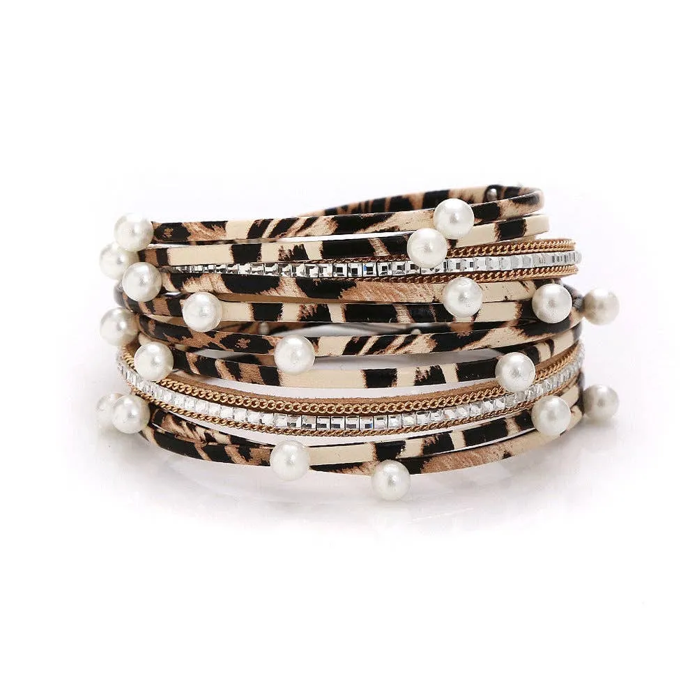 Metal Beads Pearl Multi-Layer PU Leather Bracelet: Silver   Metal Beads