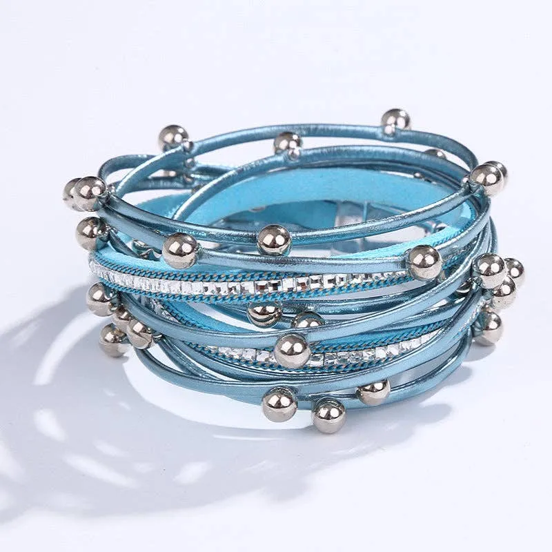 Metal Beads Pearl Multi-Layer PU Leather Bracelet: Silver   Metal Beads