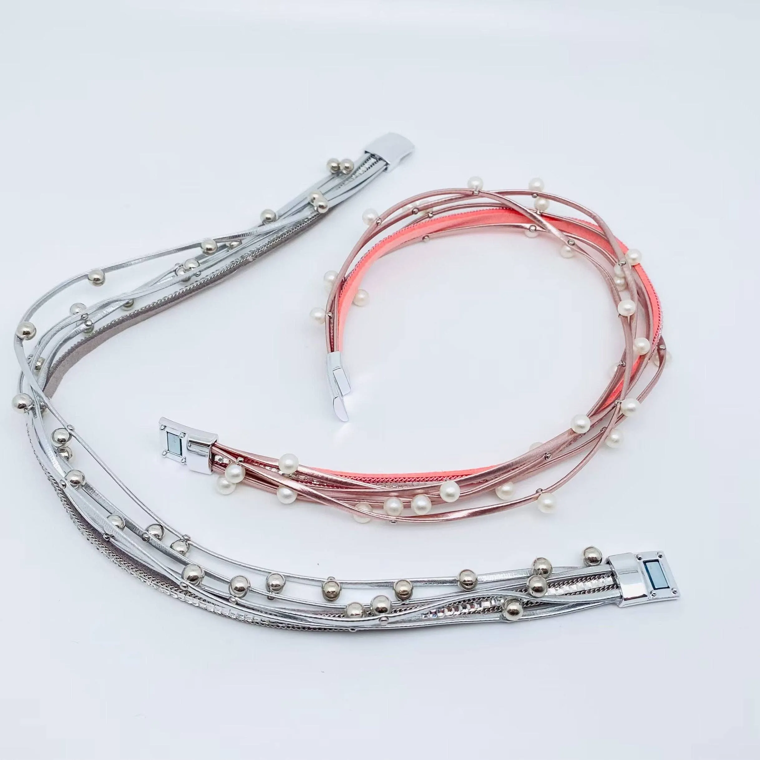 Metal Beads Pearl Multi-Layer PU Leather Bracelet: Silver   Metal Beads