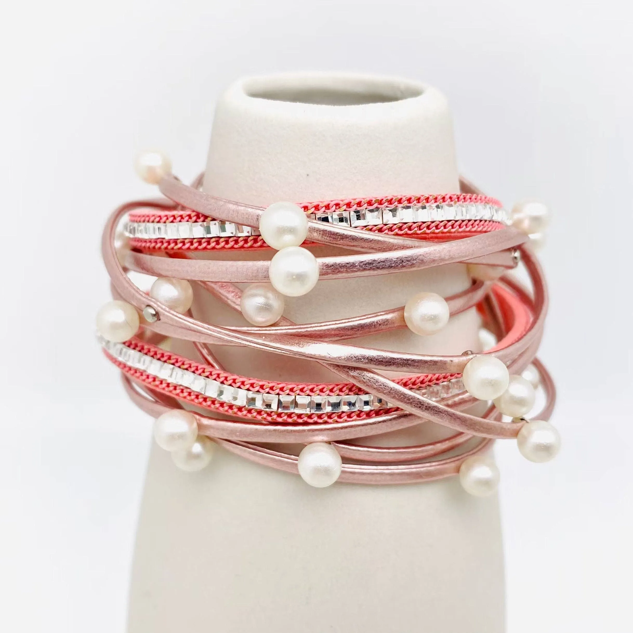 Metal Beads Pearl Multi-Layer PU Leather Bracelet: Silver   Metal Beads