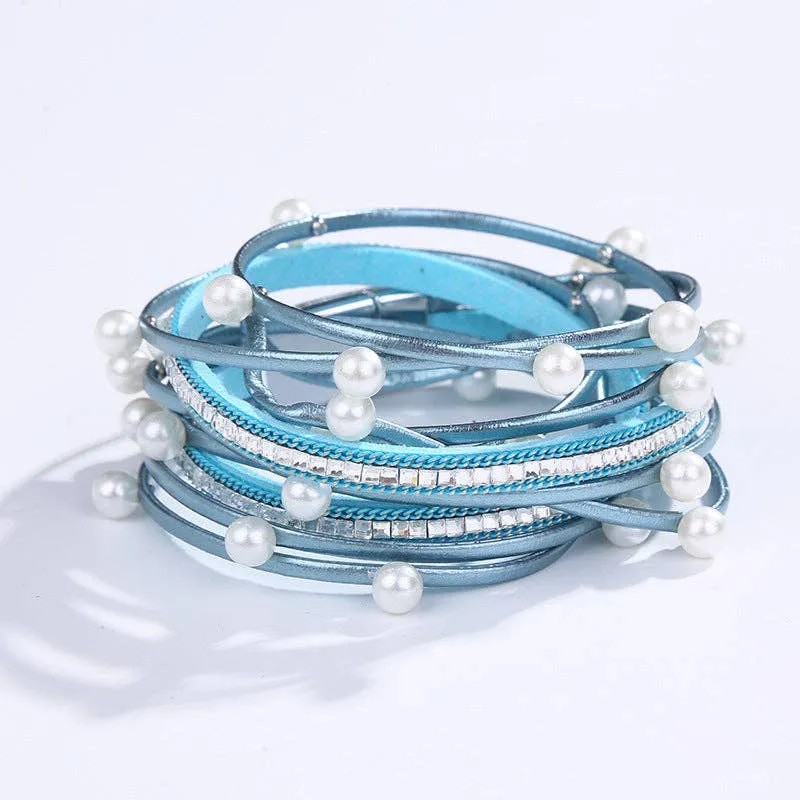 Metal Beads Pearl Multi-Layer PU Leather Bracelet: Silver   Metal Beads