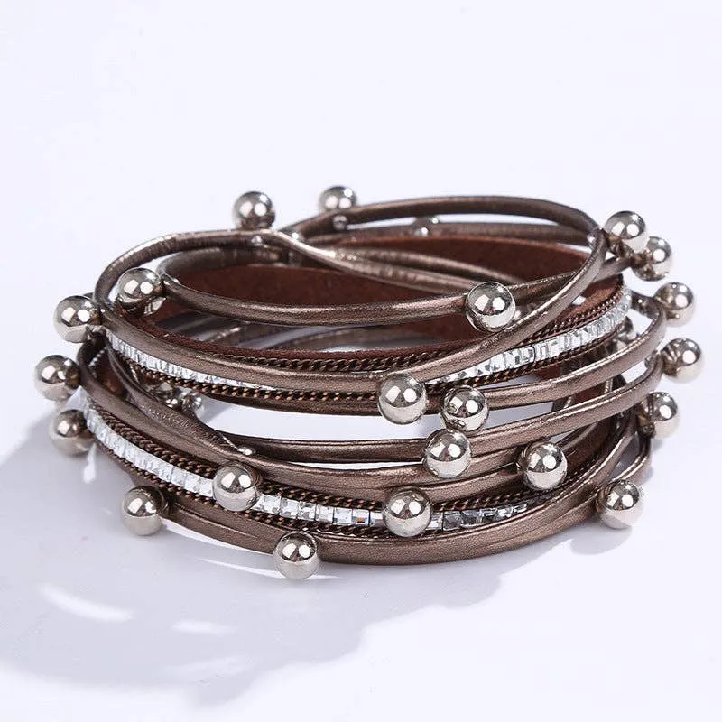 Metal Beads Pearl Multi-Layer PU Leather Bracelet: Silver   Metal Beads