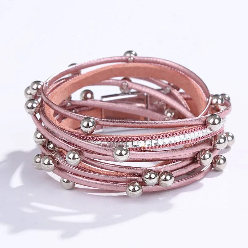Metal Beads Pearl Multi-Layer PU Leather Bracelet: Silver   Metal Beads
