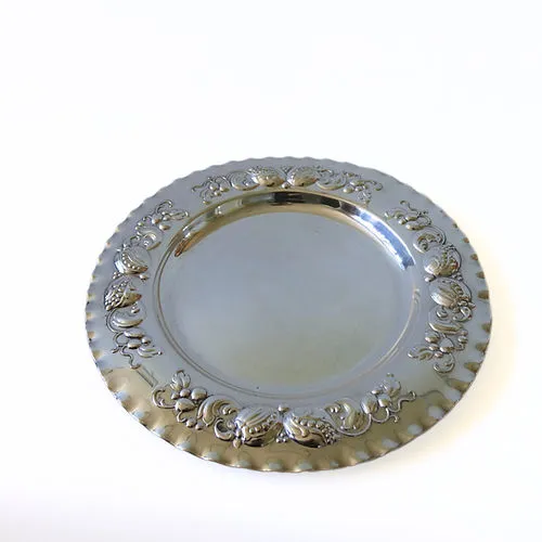 Mobler Vintage silver plated round tray with embossed flower pattern from Sweden early
