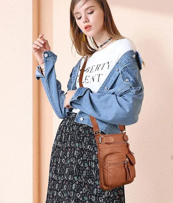 Multi-Pocket Crossbody Bag Soft Leather Shoulder Purse Bag
