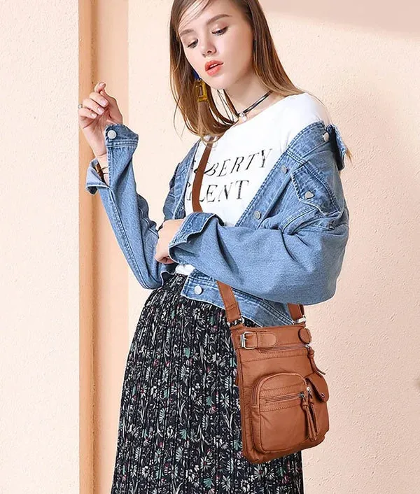 Multi-Pocket Crossbody Bag Soft Leather Shoulder Purse Bag