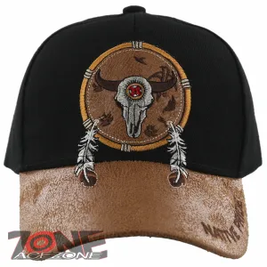 NEW! NATIVE PRIDE BUFFALO SKULL FEATHERS FAUX LEATHER BASEBALL CAP HAT BLACK