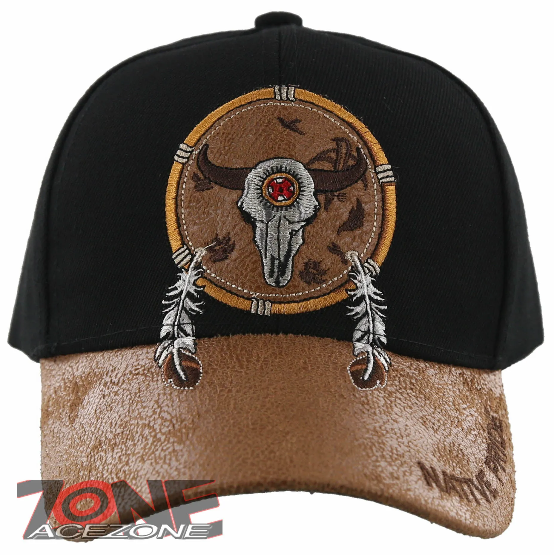 NEW! NATIVE PRIDE BUFFALO SKULL FEATHERS FAUX LEATHER BASEBALL CAP HAT BLACK