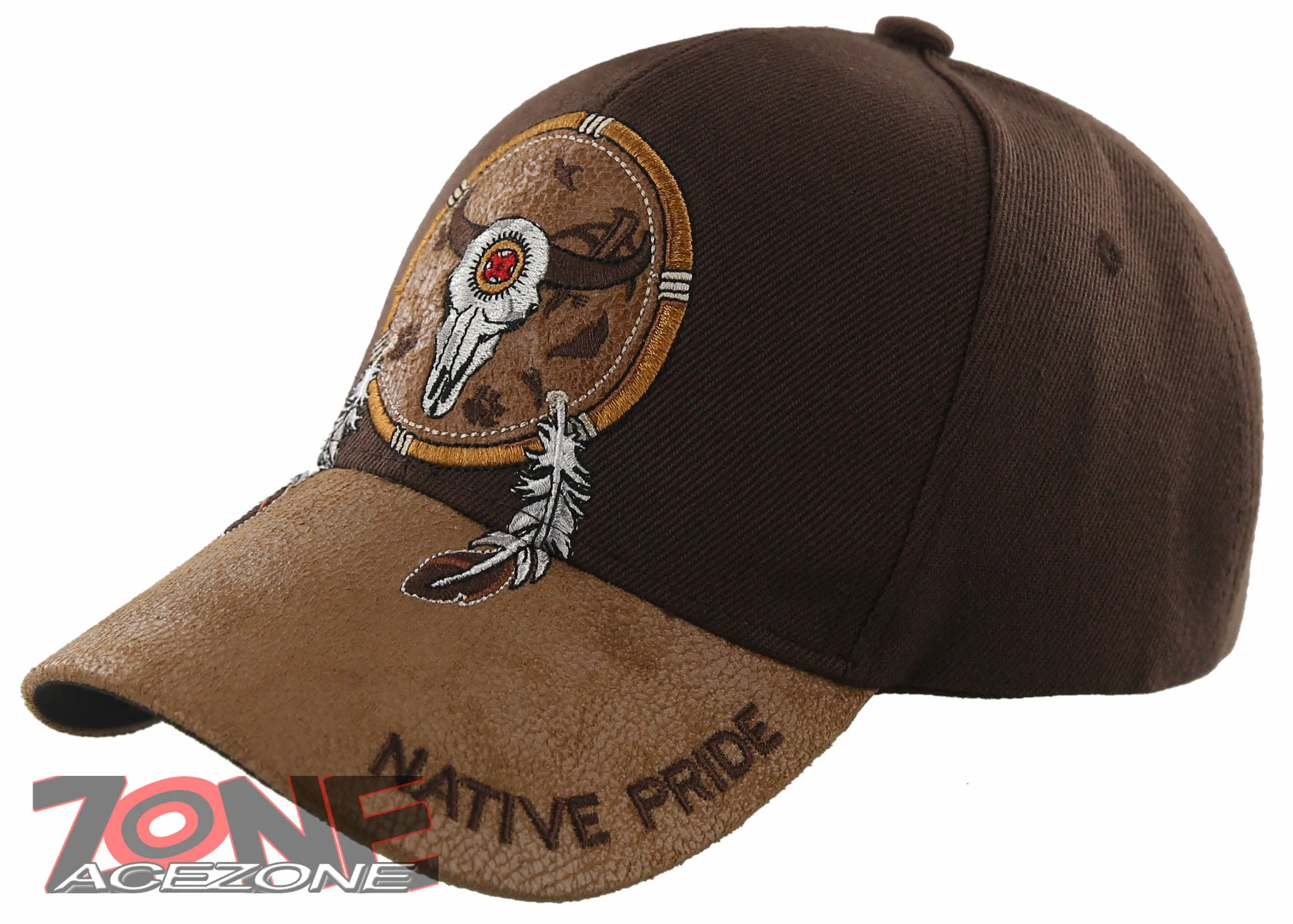 NEW! NATIVE PRIDE BUFFALO SKULL FEATHERS FAUX LEATHER BASEBALL CAP HAT BROWN