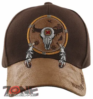 NEW! NATIVE PRIDE BUFFALO SKULL FEATHERS FAUX LEATHER BASEBALL CAP HAT BROWN