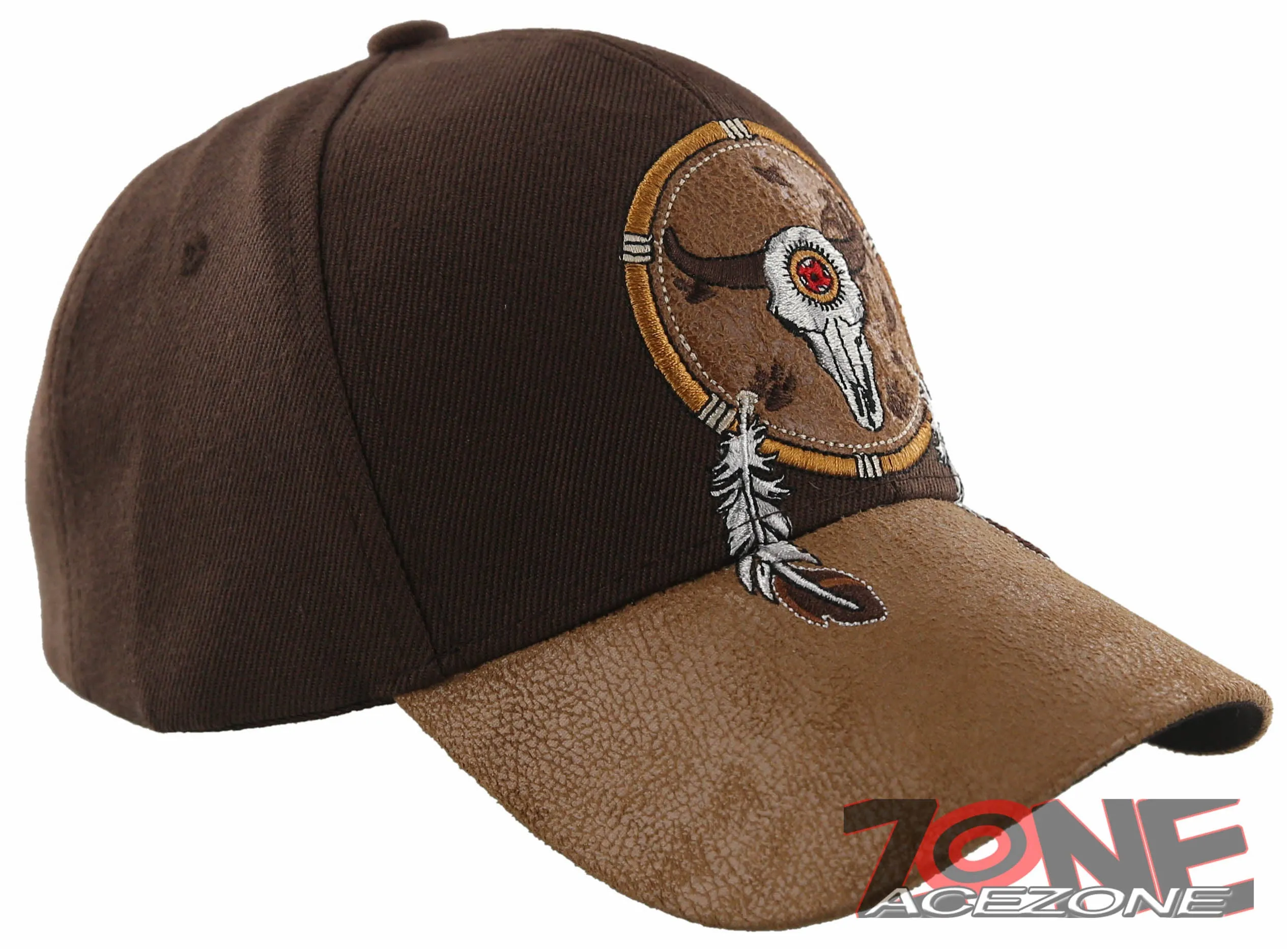 NEW! NATIVE PRIDE BUFFALO SKULL FEATHERS FAUX LEATHER BASEBALL CAP HAT BROWN