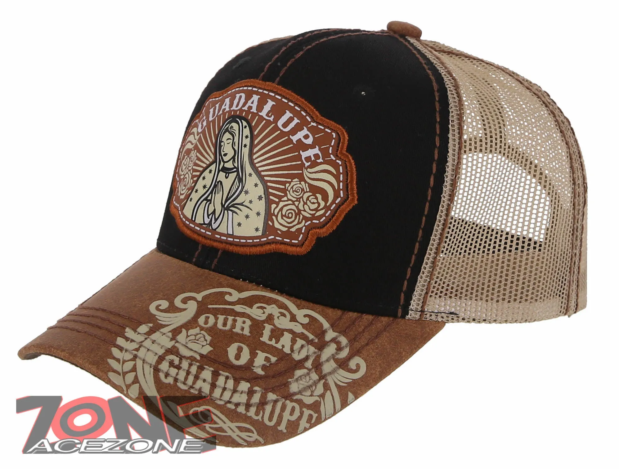 NEW! OUR LADY OF GUADALUPE CATHOLIC MEXICAN TRUCKER BASEBALL CAP HAT BLACK TAN