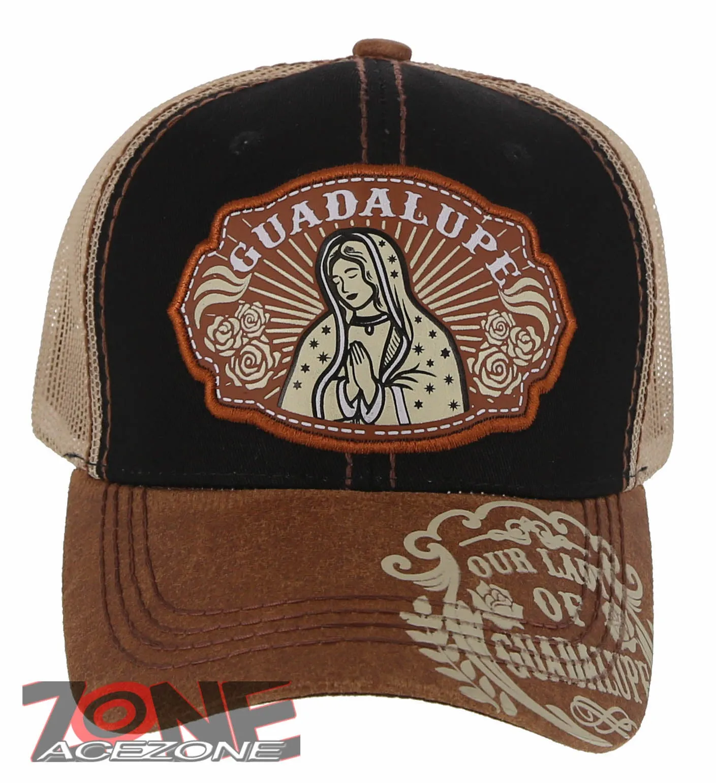 NEW! OUR LADY OF GUADALUPE CATHOLIC MEXICAN TRUCKER BASEBALL CAP HAT BLACK TAN
