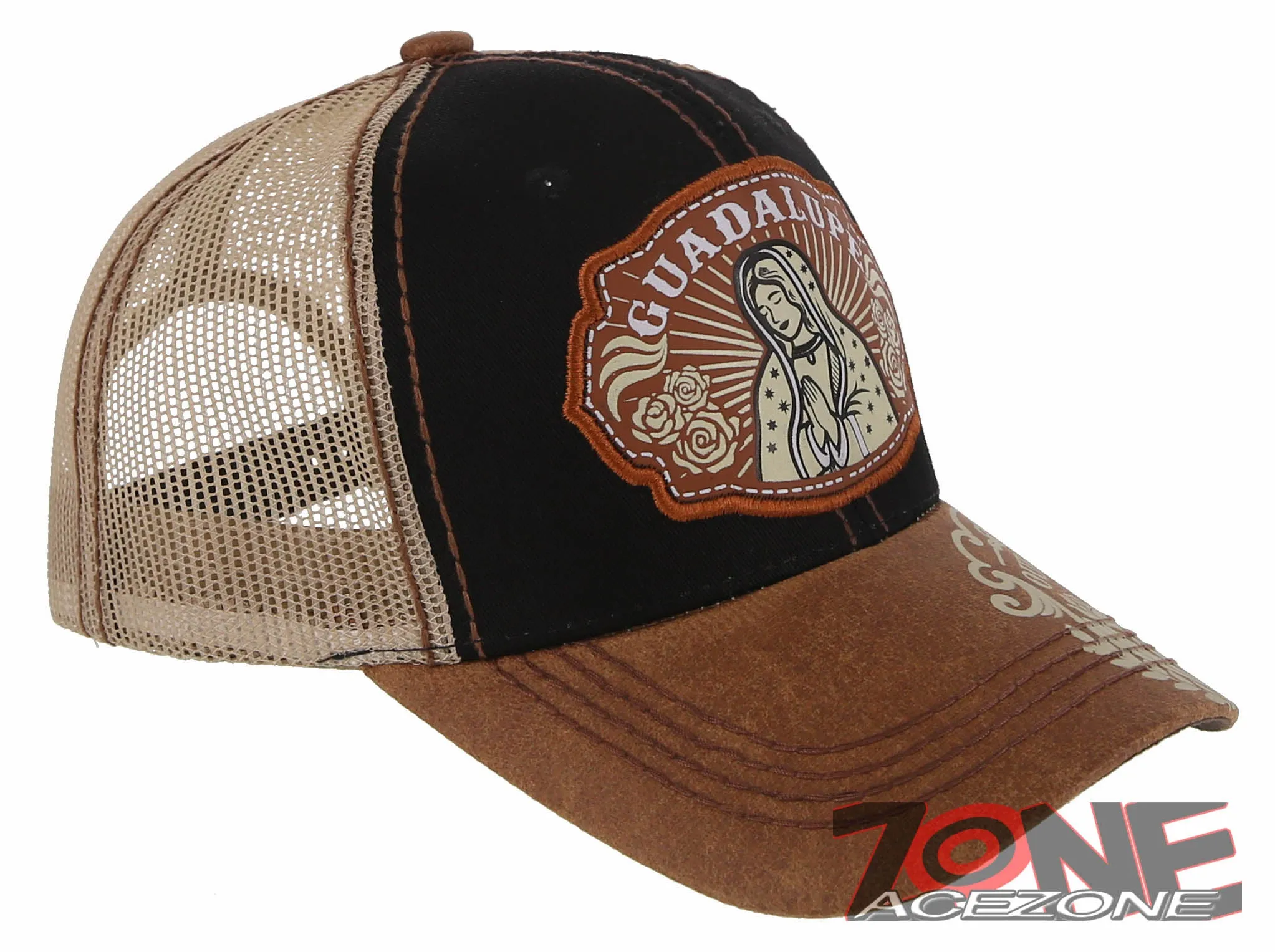 NEW! OUR LADY OF GUADALUPE CATHOLIC MEXICAN TRUCKER BASEBALL CAP HAT BLACK TAN