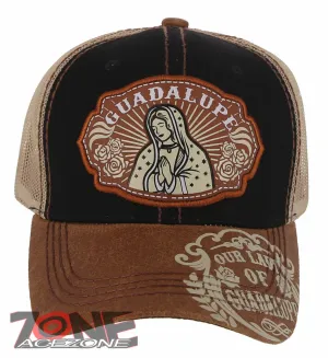 NEW! OUR LADY OF GUADALUPE CATHOLIC MEXICAN TRUCKER BASEBALL CAP HAT BLACK TAN