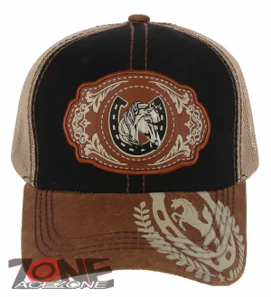 NEW! RODEO HORSE SHOE MESH TRUCKER SNAPBACK BASEBALL CAP HAT BLACK TAN