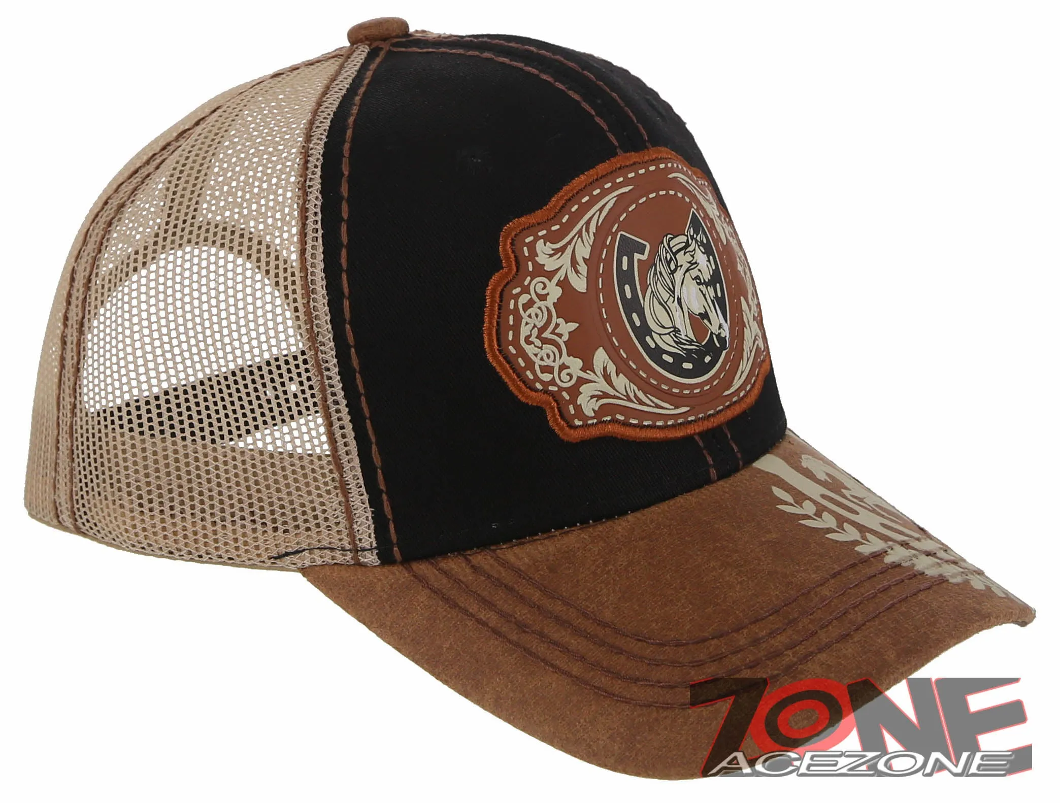 NEW! RODEO HORSE SHOE MESH TRUCKER SNAPBACK BASEBALL CAP HAT BLACK TAN