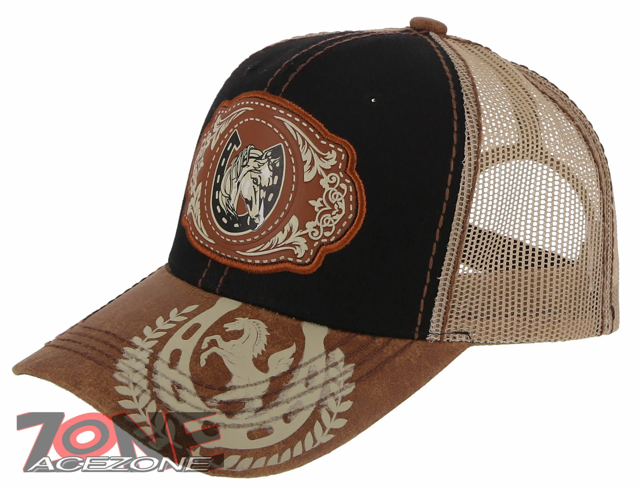 NEW! RODEO HORSE SHOE MESH TRUCKER SNAPBACK BASEBALL CAP HAT BLACK TAN