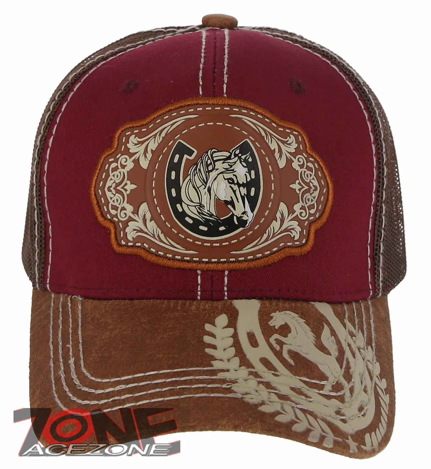 NEW! RODEO HORSE SHOE MESH TRUCKER SNAPBACK BASEBALL CAP HAT BURGUNDY