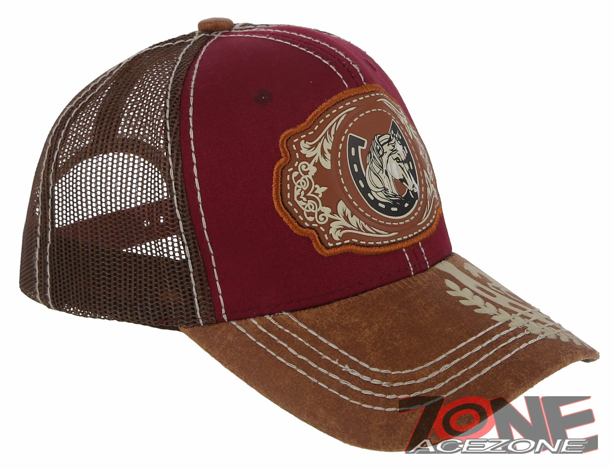NEW! RODEO HORSE SHOE MESH TRUCKER SNAPBACK BASEBALL CAP HAT BURGUNDY