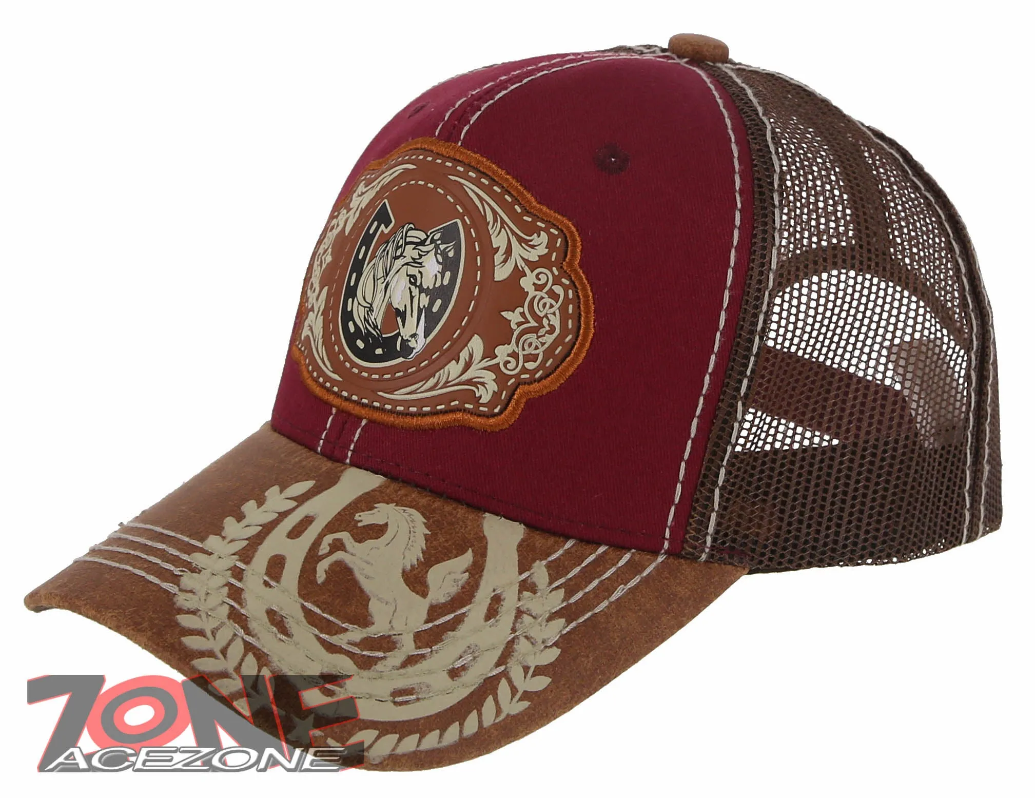 NEW! RODEO HORSE SHOE MESH TRUCKER SNAPBACK BASEBALL CAP HAT BURGUNDY
