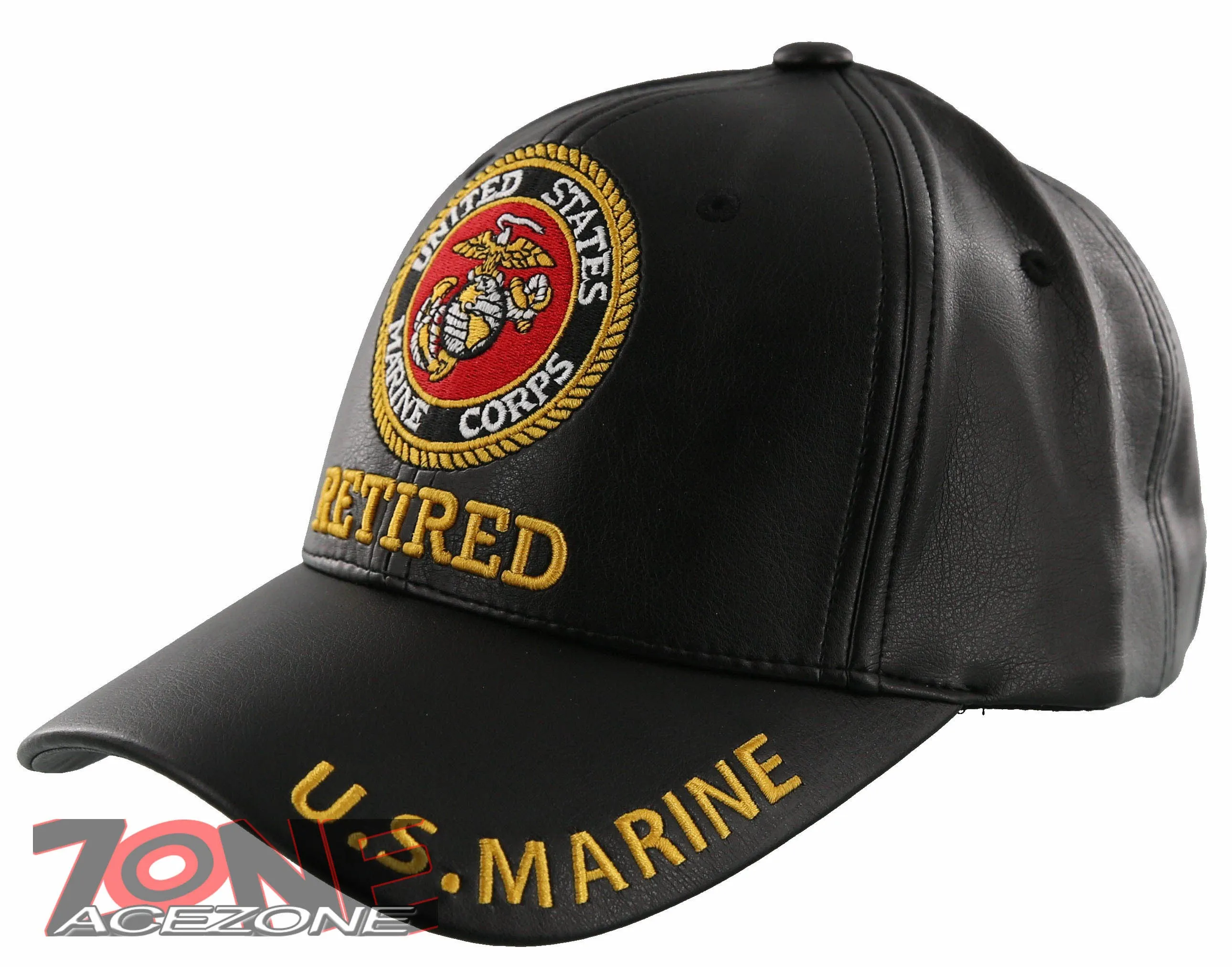 NEW! US MARINE CORPS USMC RETIRED FAUX LEATHER CAP HAT BLACK
