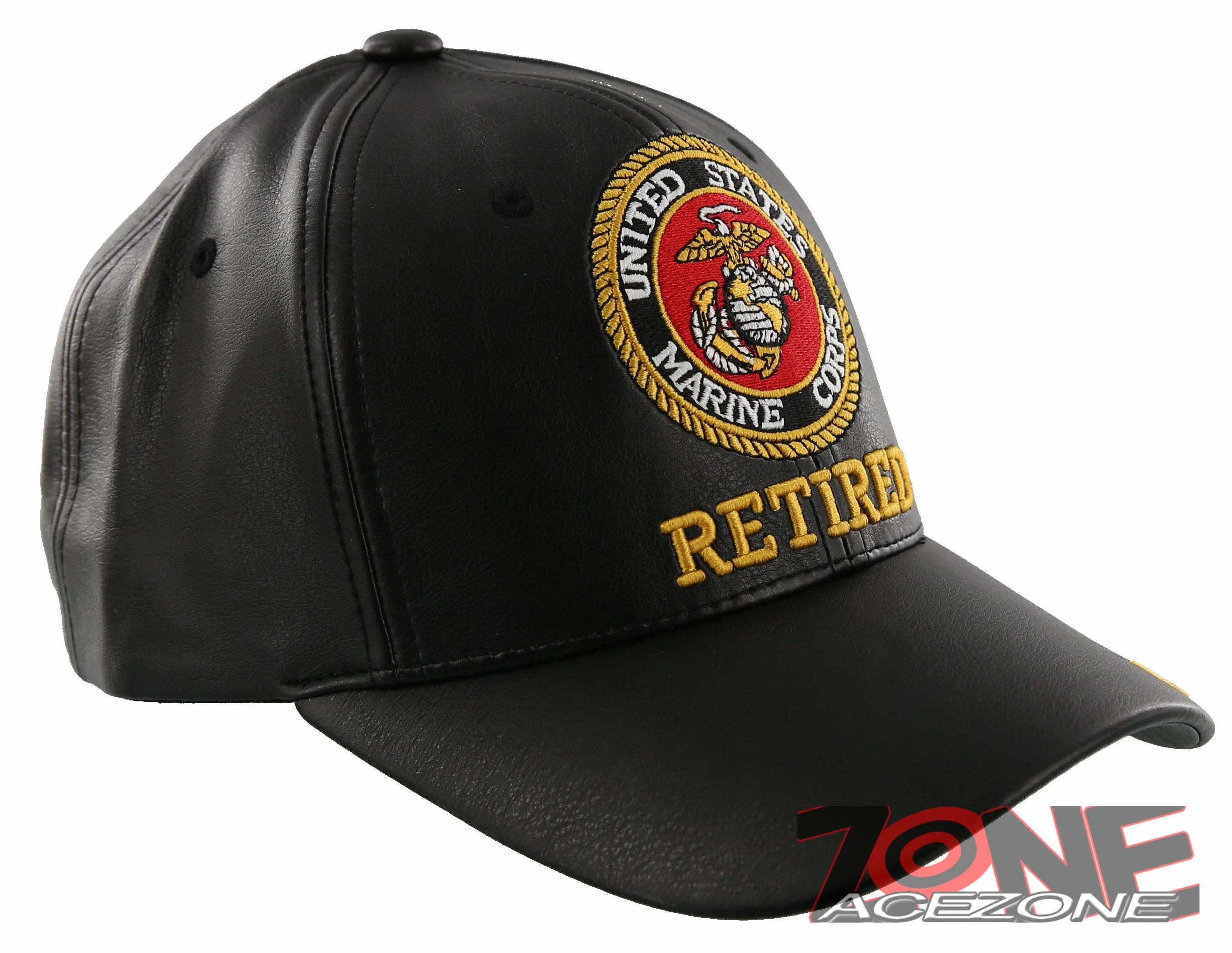 NEW! US MARINE CORPS USMC RETIRED FAUX LEATHER CAP HAT BLACK