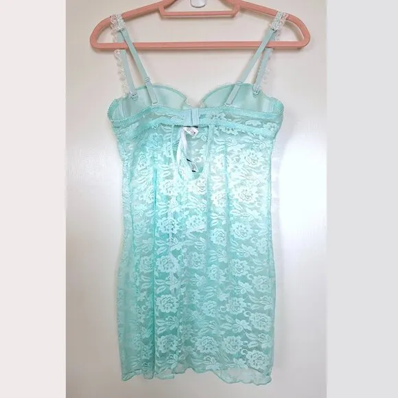 NWOT! 2PC SET Cassandra Intimates Lace Babydoll   String, M, Misty Teal