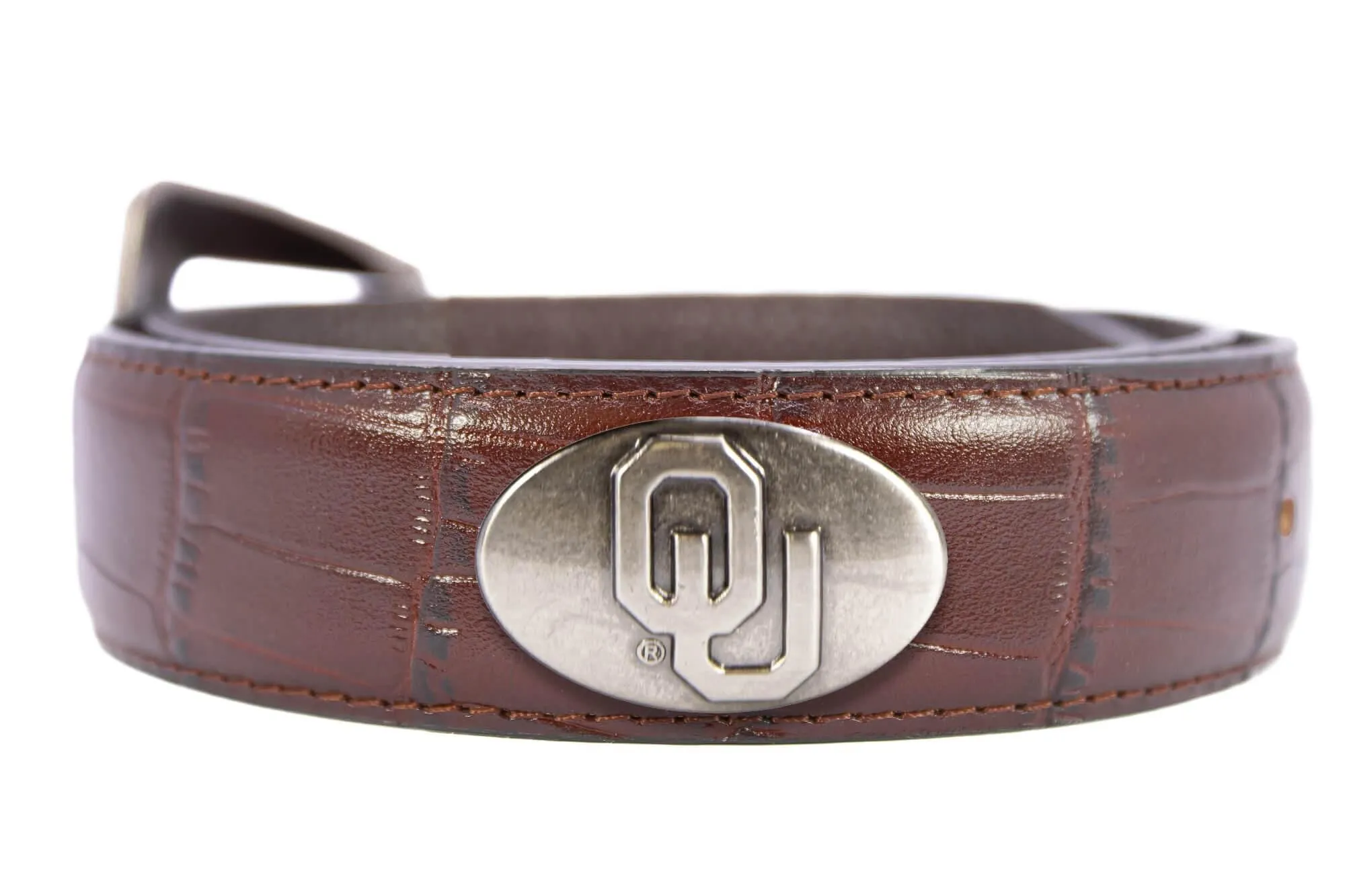 Oklahoma Sooners Men's Collegiate Croc Leather Belt. Sooners Gift. Oklahoma Belt. Brown Croc Pattern Full Grain Finish With Metal Emblem Conchos.