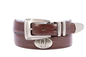 Oklahoma Sooners Men's Collegiate Croc Leather Belt. Sooners Gift. Oklahoma Belt. Brown Croc Pattern Full Grain Finish With Metal Emblem Conchos.